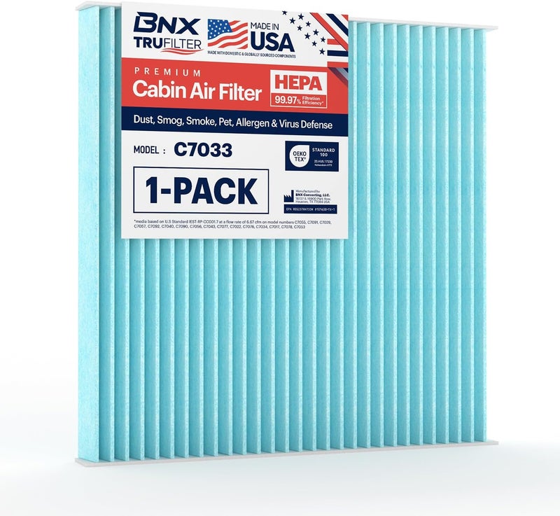 BNX TruFilter C7033 Cabin Air Filter, HEPA 99.97%, Compatible With Dodge Dart; Pontiac: Vibe; Toyota Tacoma - Image 1